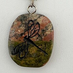 Carved Unakite Dragonfly Stone Pendant Necklace